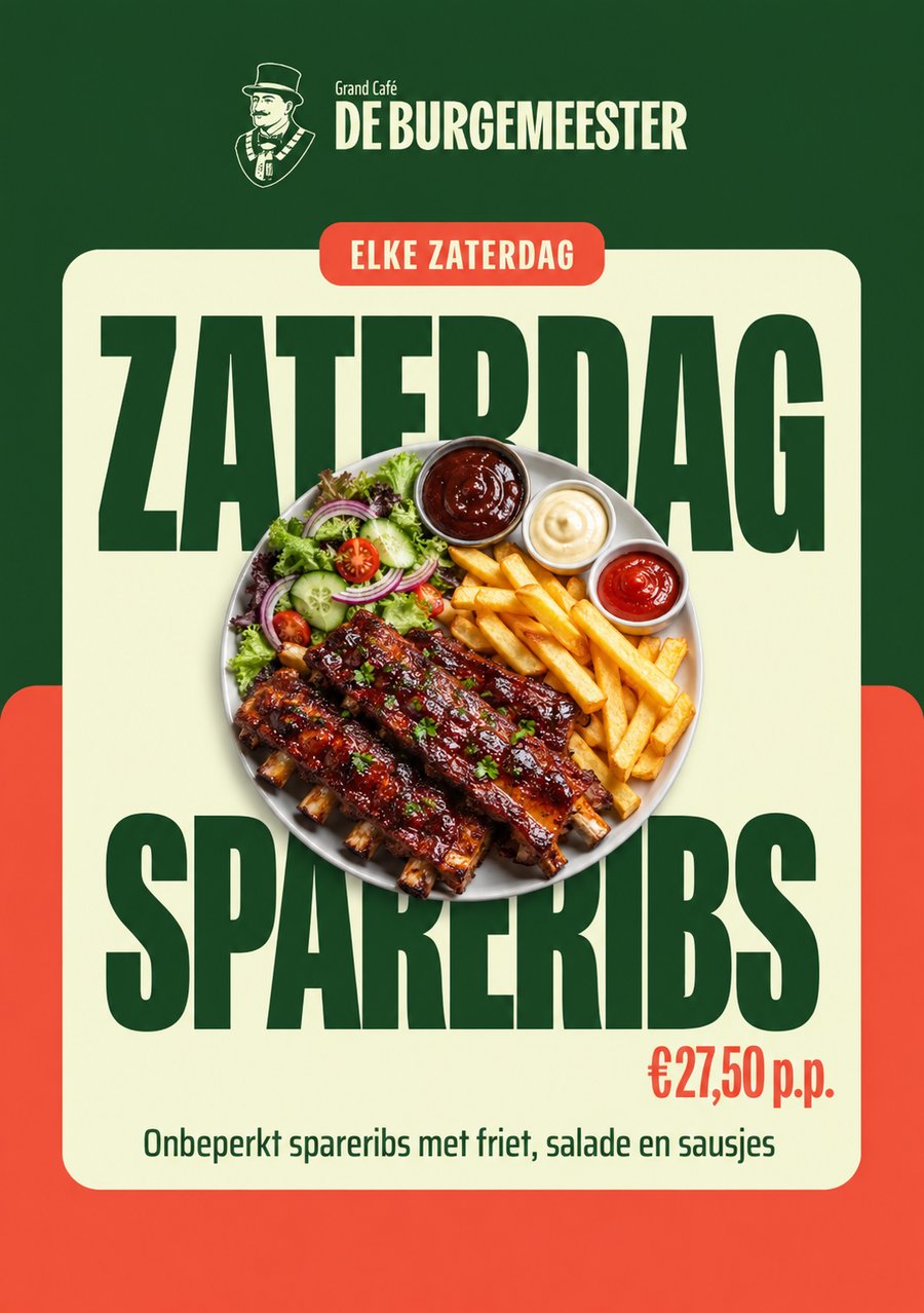 Elke zaterdag: onbeperkt spareribs met friet, salade en sausjes, €27,50 per persoon